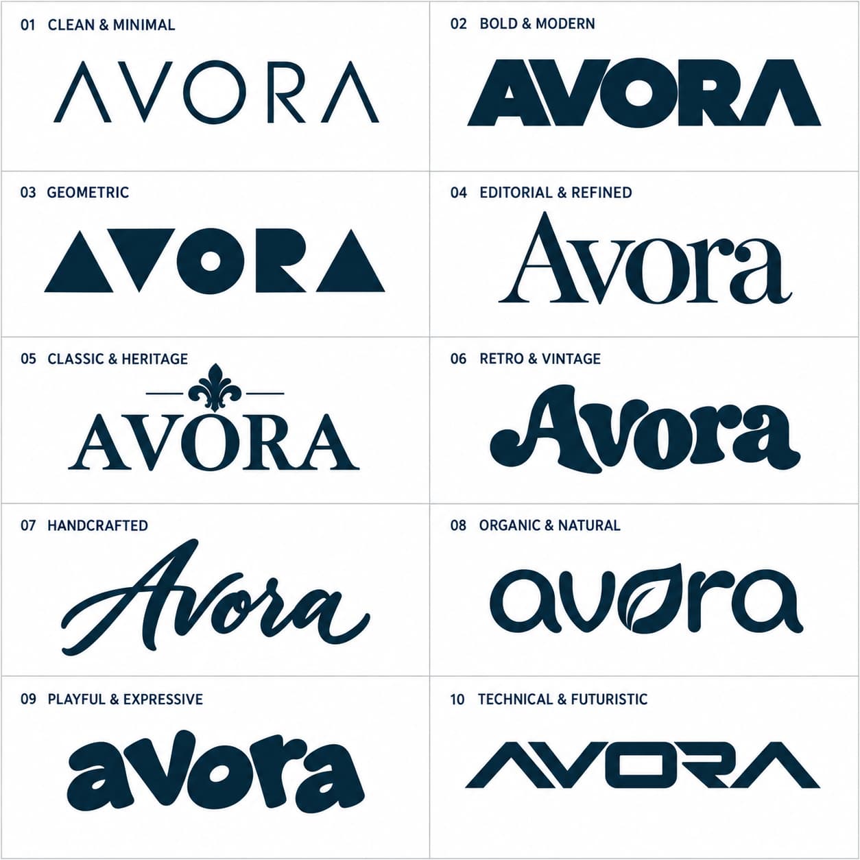 Ten AVORA sample logos showing the styles available in the questionnaire, from clean and minimal to technical and futuristic